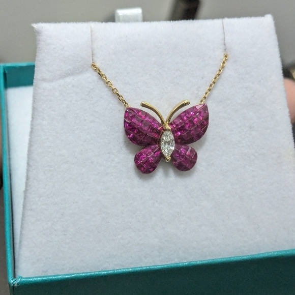 750/18K YG Invisible set Rubies and Diamond Butterfly Necklace - Picture 7 of 16